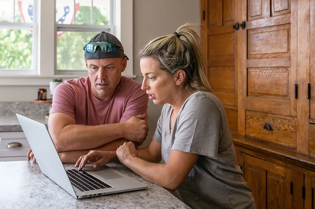 A veteran married couple sits at home examining their finances