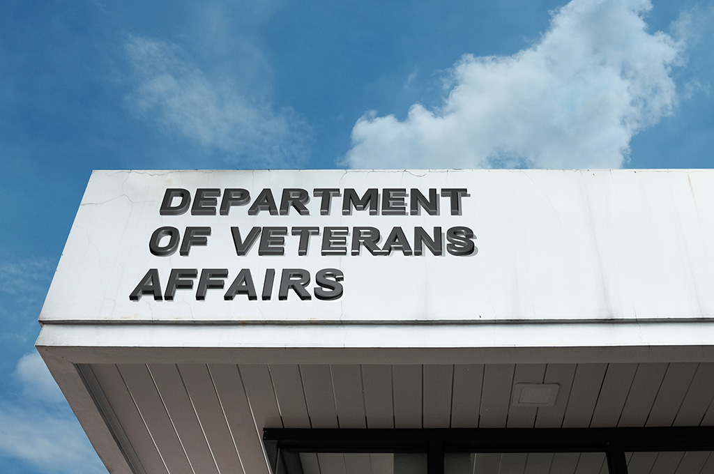 A close-up of a VA building